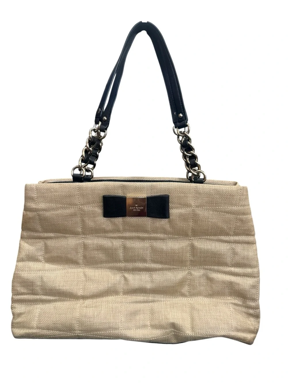 kate spade Beige Woven Shoulder Bag with Black Bow and Chain Straps